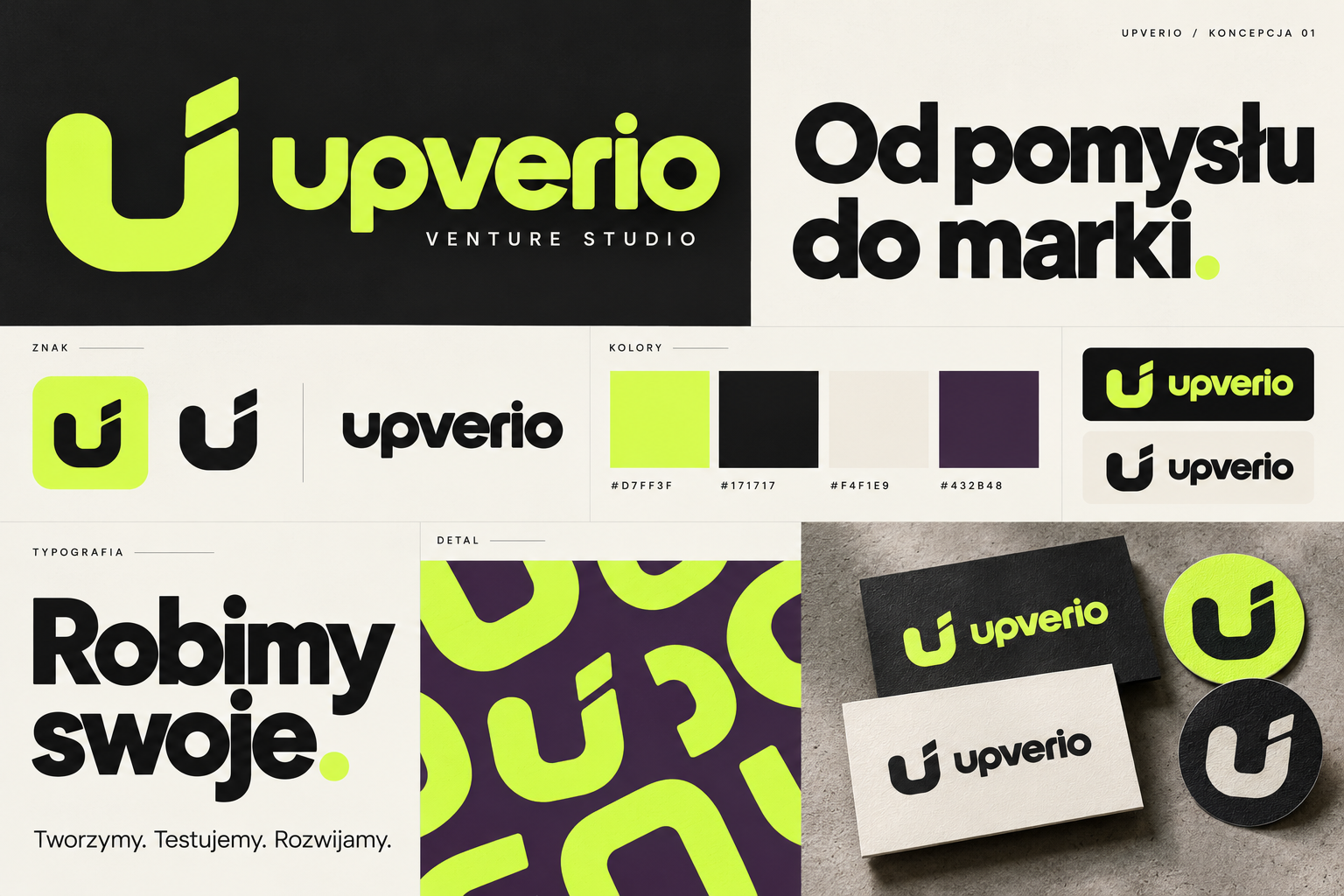 Koncepcja identyfikacji Upverio: limonkowy znak, mocna typografia, wizytówki i hasło Robimy swoje